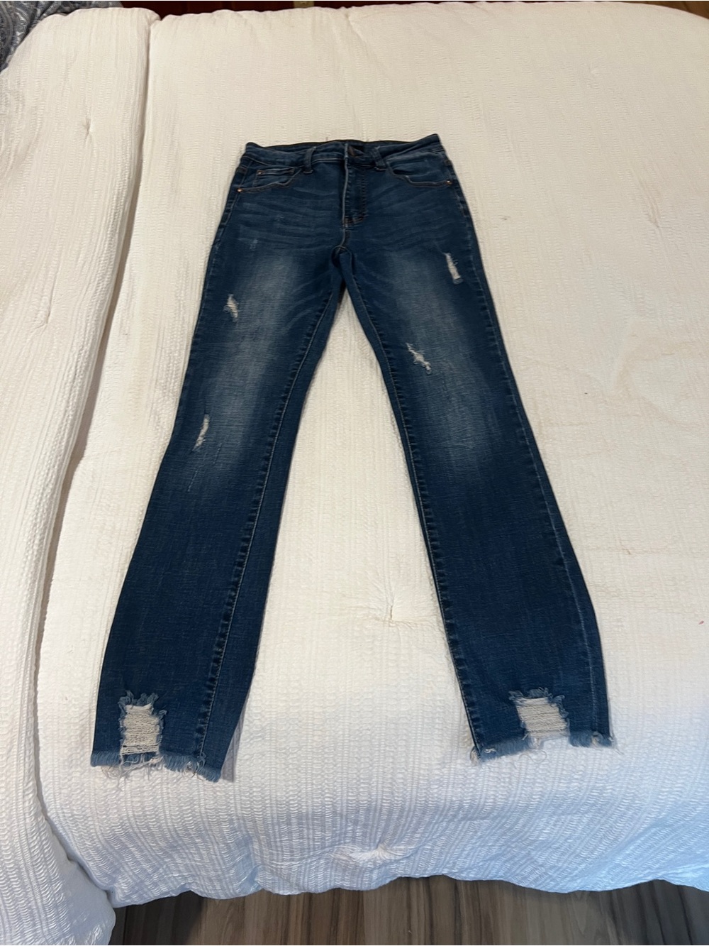 Risen Distressed Skinny Jeans Size 5 High Rise Raw Hem Stretch Denim
